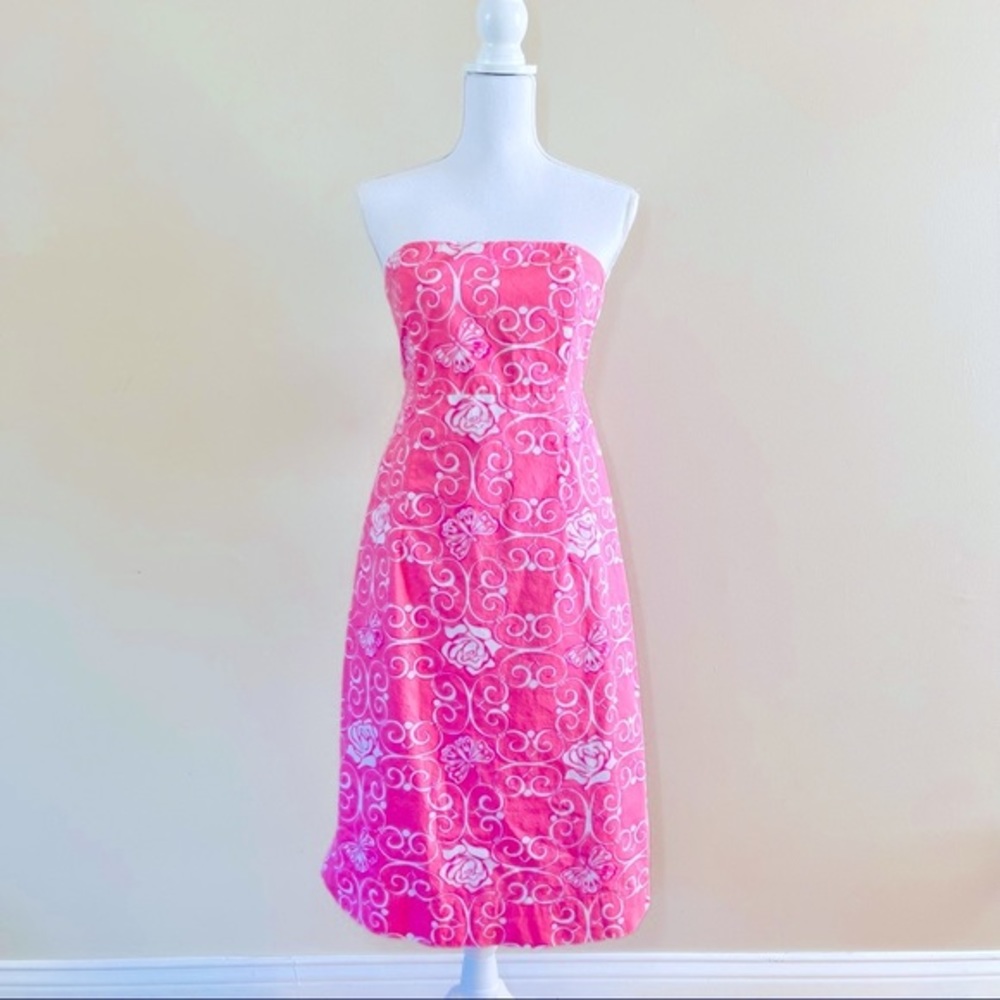 Lilly Pulitzer Vntg Iron Maiden Strapless Midi Dress Size 8 Pink and White